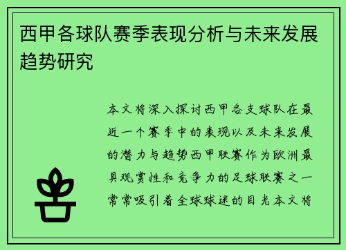 西甲各球队赛季表现分析与未来发展趋势研究 西甲各球队赛季表现分析与未来发展趋势研究