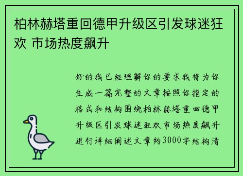 柏林赫塔重回德甲升级区引发球迷狂欢 市场热度飙升