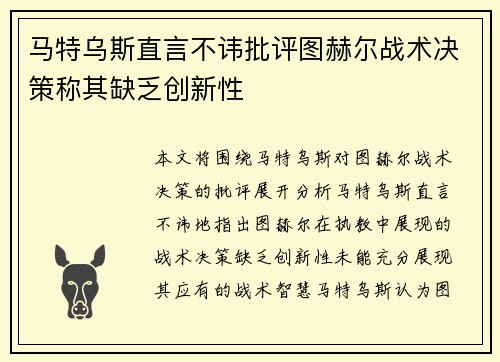马特乌斯直言不讳批评图赫尔战术决策称其缺乏创新性